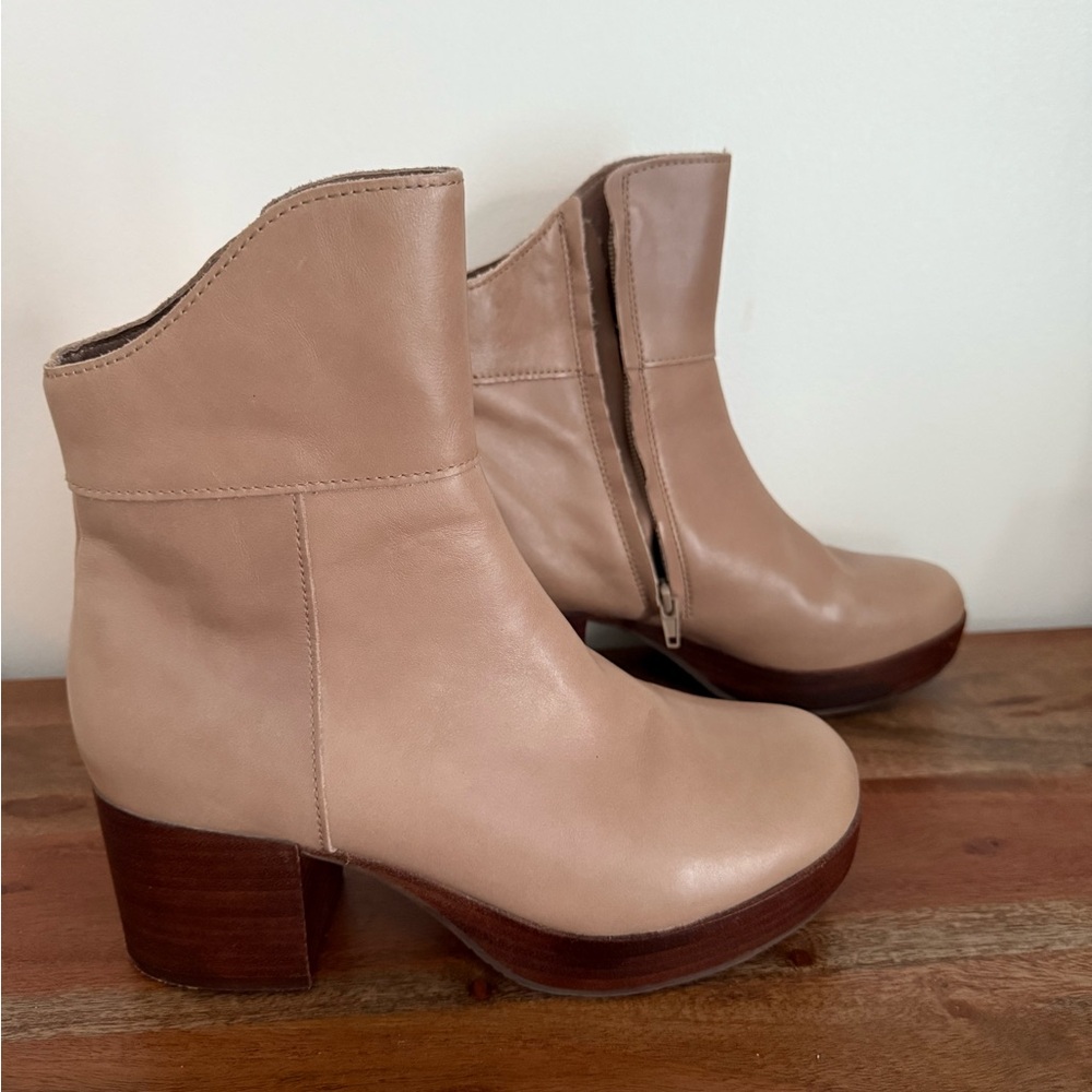 Tan Leather Ankle Booties with Stacked Heel